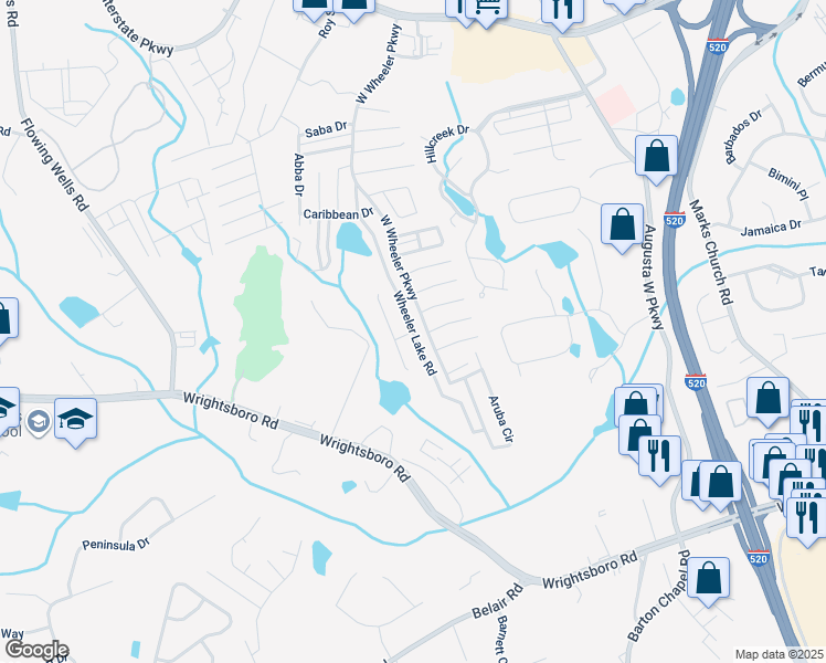 map of restaurants, bars, coffee shops, grocery stores, and more near 5085 Wheeler Lake Road in Augusta