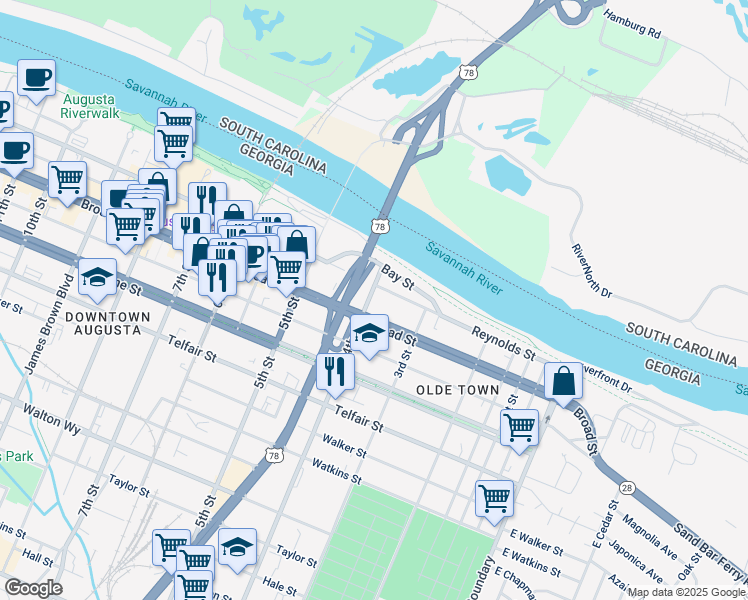 map of restaurants, bars, coffee shops, grocery stores, and more near 108 4th Street in Augusta