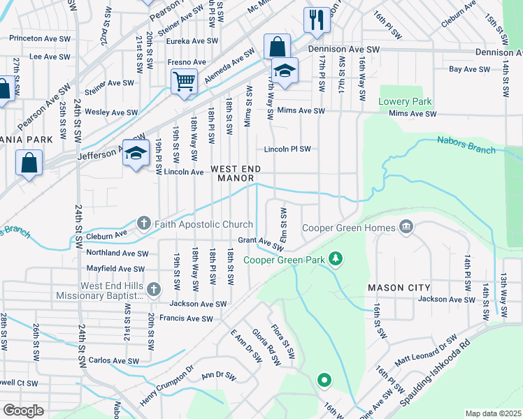 map of restaurants, bars, coffee shops, grocery stores, and more near 1509 Mims Street Southwest in Birmingham