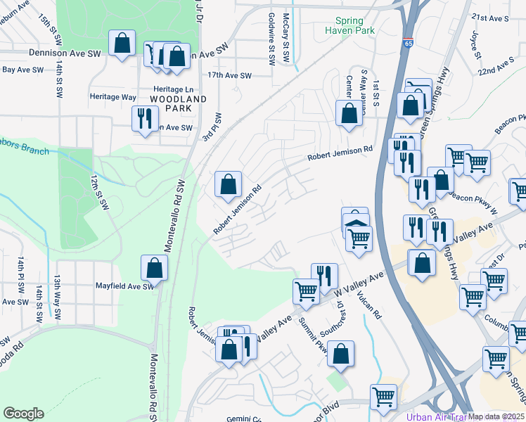 map of restaurants, bars, coffee shops, grocery stores, and more near 201 Olympia Drive in Birmingham