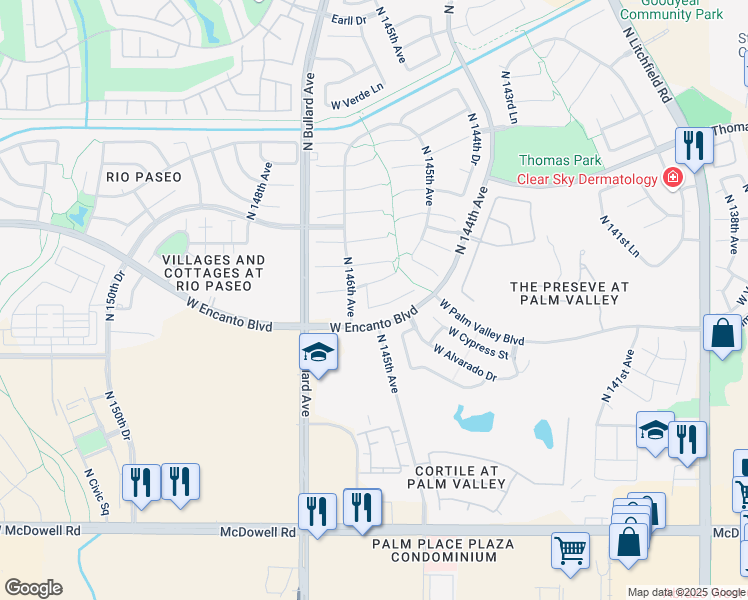 map of restaurants, bars, coffee shops, grocery stores, and more near 14552 West Sheridan Street in Goodyear