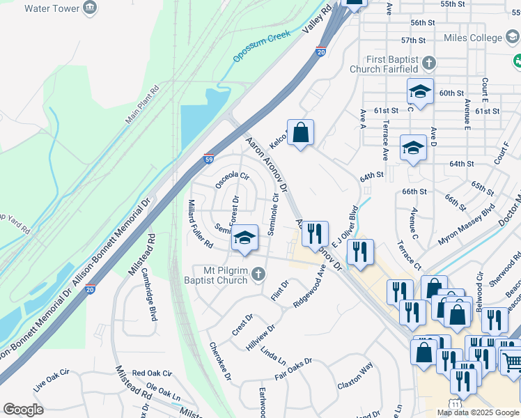map of restaurants, bars, coffee shops, grocery stores, and more near 6641 Tensaw Court in Fairfield