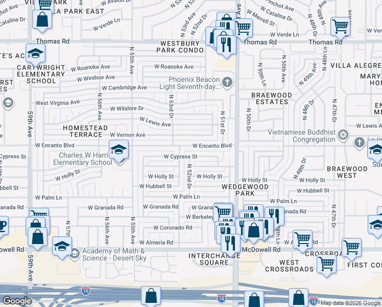 map of restaurants, bars, coffee shops, grocery stores, and more near 5242 West Cypress Street in Phoenix