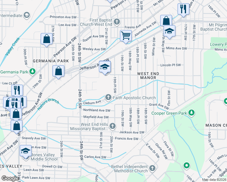 map of restaurants, bars, coffee shops, grocery stores, and more near 1516 19th Place Southwest in Birmingham