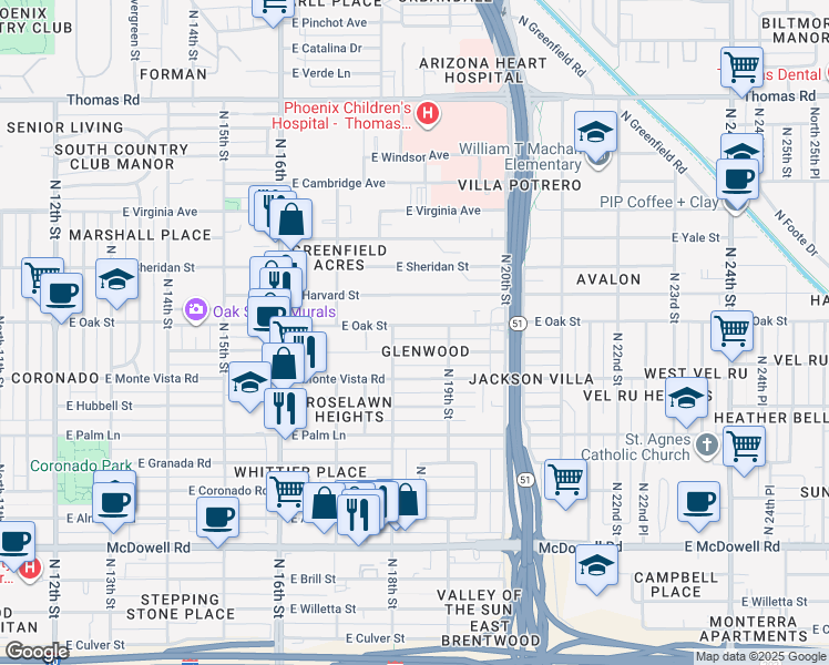 map of restaurants, bars, coffee shops, grocery stores, and more near 1817 East Oak Street in Phoenix