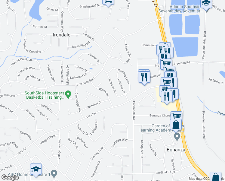 map of restaurants, bars, coffee shops, grocery stores, and more near 10365 Briarbay Drive in Jonesboro
