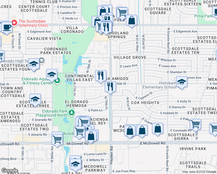 map of restaurants, bars, coffee shops, grocery stores, and more near in Scottsdale