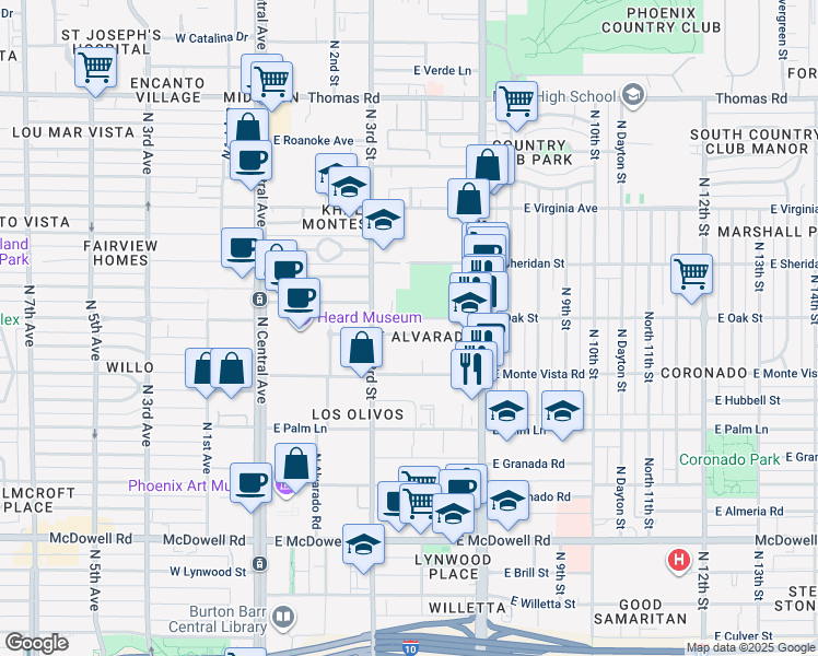 map of restaurants, bars, coffee shops, grocery stores, and more near 332 East Alvarado Road in Phoenix