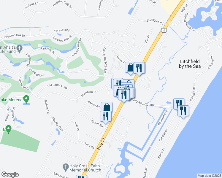 map of restaurants, bars, coffee shops, grocery stores, and more near 47 Racquet Club Drive in Pawleys Island