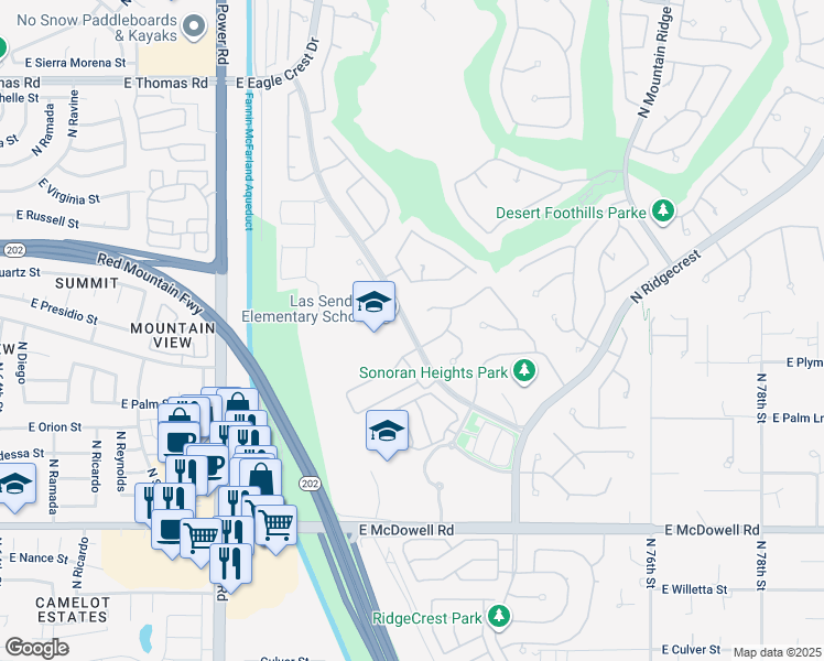 map of restaurants, bars, coffee shops, grocery stores, and more near 3053 North Sonoran Hills in Mesa