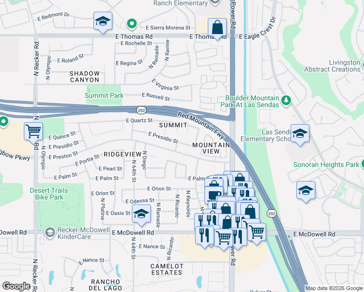 map of restaurants, bars, coffee shops, grocery stores, and more near 6602 East Preston Street in Mesa
