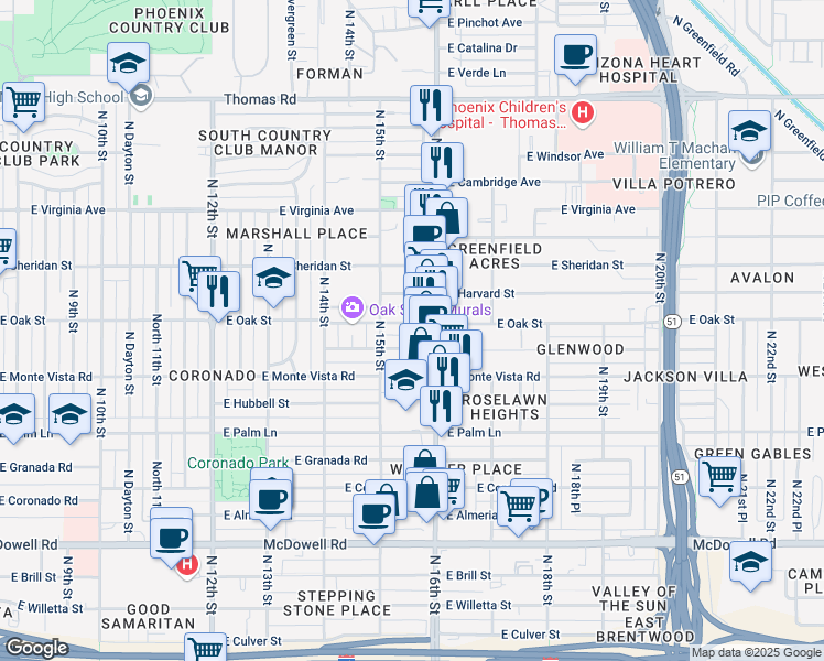 map of restaurants, bars, coffee shops, grocery stores, and more near 1530 East Cypress Street in Phoenix
