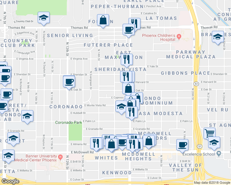 map of restaurants, bars, coffee shops, grocery stores, and more near 2232 North 15th Street in Phoenix