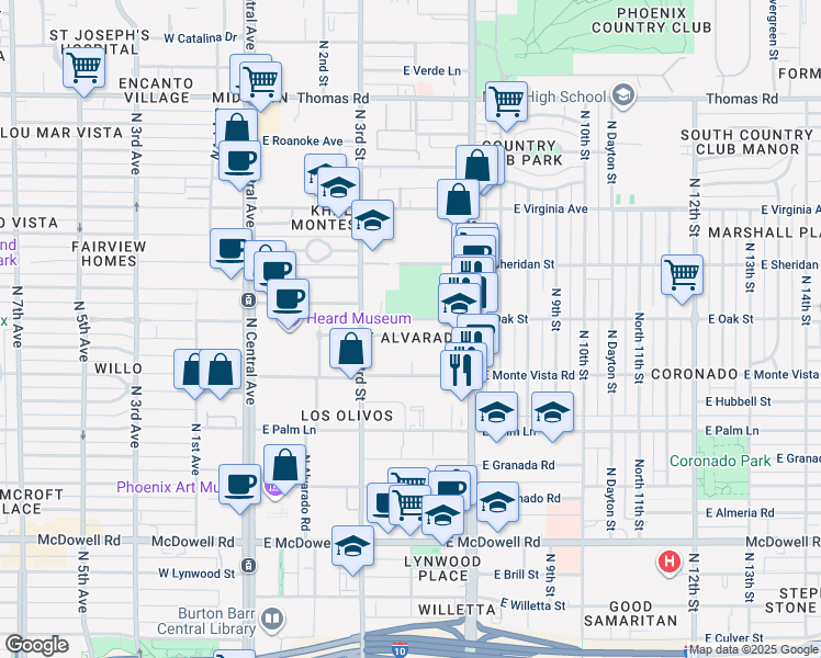 map of restaurants, bars, coffee shops, grocery stores, and more near 332 East Alvarado Road in Phoenix