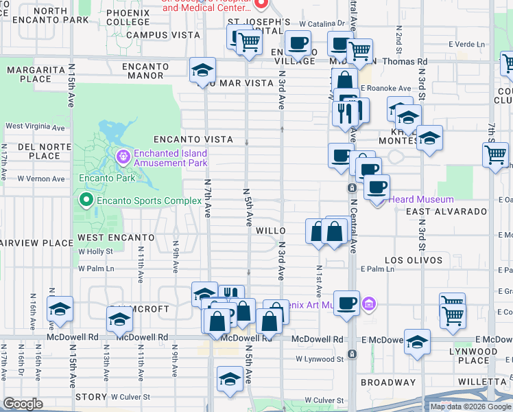 map of restaurants, bars, coffee shops, grocery stores, and more near 333 West Encanto Boulevard in Phoenix