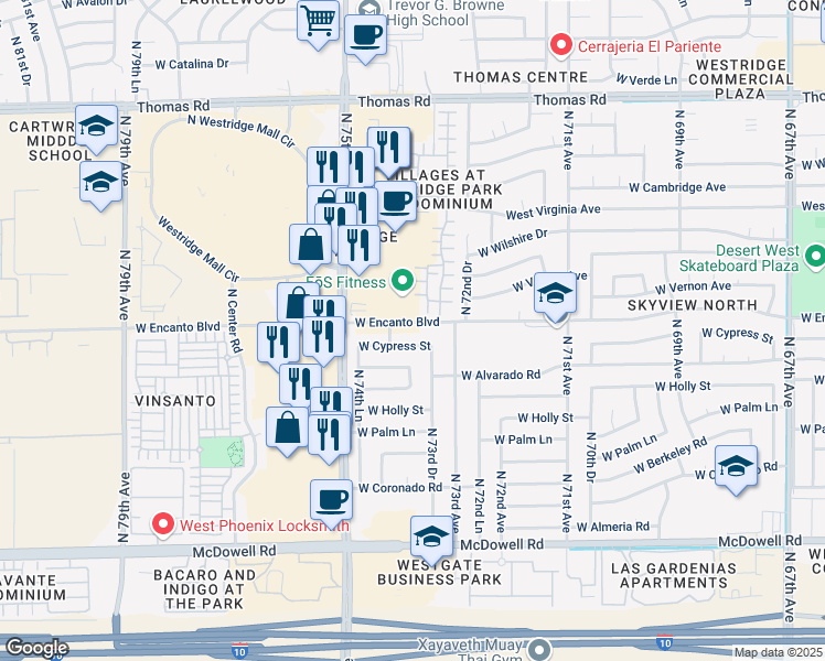 map of restaurants, bars, coffee shops, grocery stores, and more near 7336 West Cypress Street in Phoenix