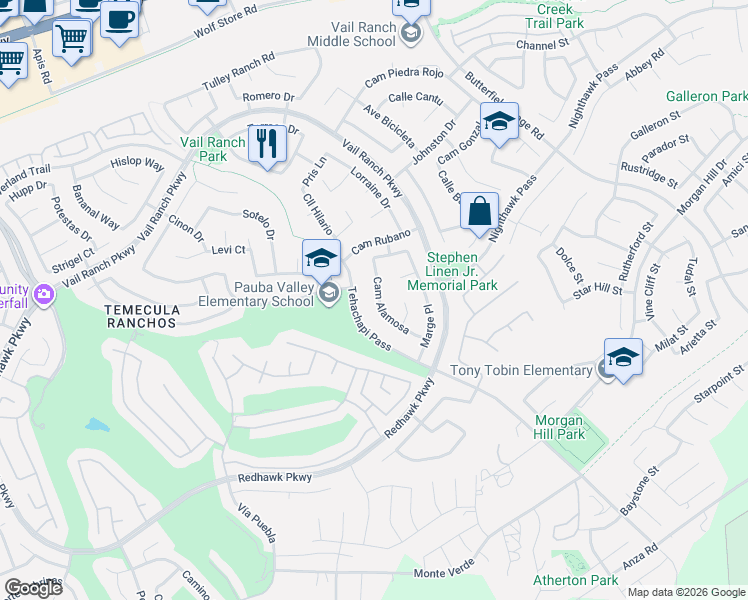 map of restaurants, bars, coffee shops, grocery stores, and more near 44850 Tehachapi Pass in Temecula