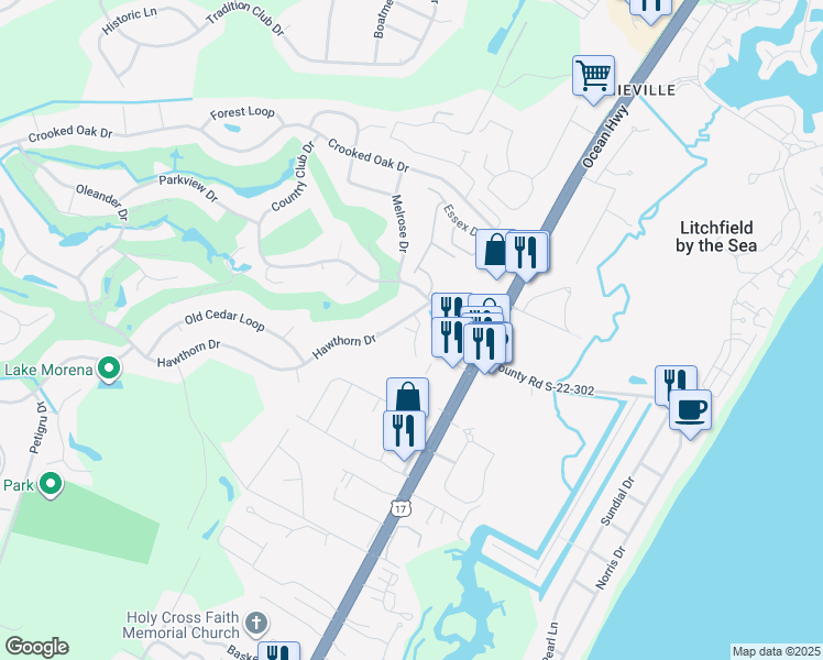 map of restaurants, bars, coffee shops, grocery stores, and more near 47 Racquet Club Drive in Pawleys Island