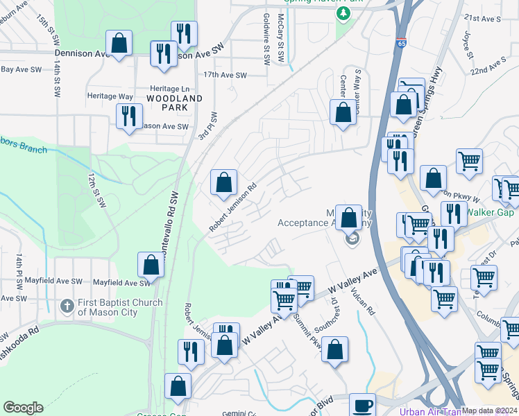 map of restaurants, bars, coffee shops, grocery stores, and more near 201 Olympia Drive in Birmingham