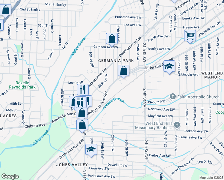 map of restaurants, bars, coffee shops, grocery stores, and more near 2815 Jefferson Avenue Southwest in Birmingham