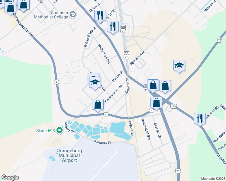 map of restaurants, bars, coffee shops, grocery stores, and more near 260 Seminole Avenue Southwest in Orangeburg