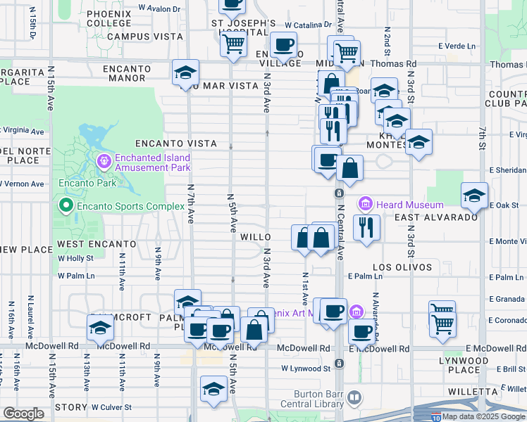 map of restaurants, bars, coffee shops, grocery stores, and more near 301 West Encanto Boulevard in Phoenix