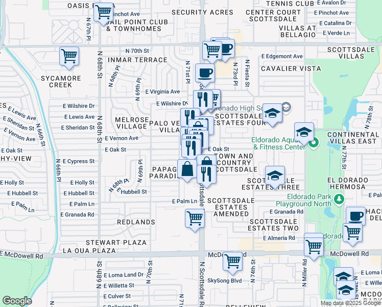map of restaurants, bars, coffee shops, grocery stores, and more near 7123 East Oak Street in Scottsdale