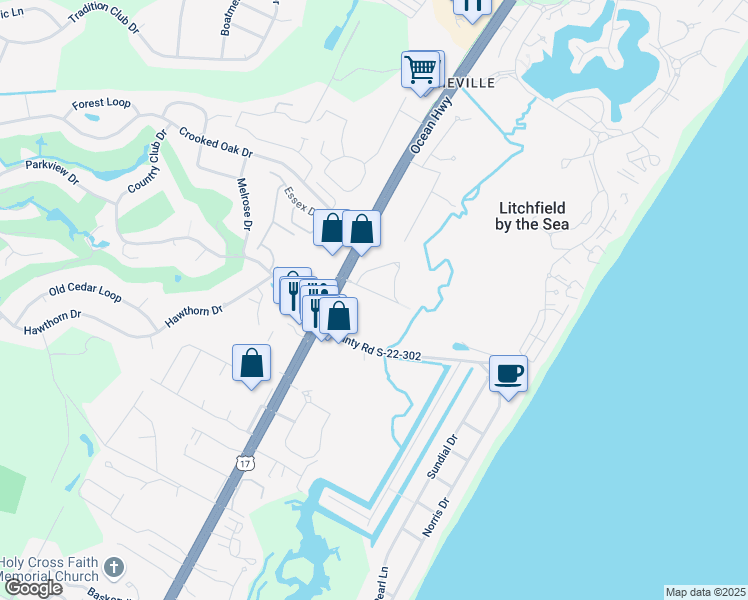 map of restaurants, bars, coffee shops, grocery stores, and more near 92 County Road S-22-757 in Pawleys Island