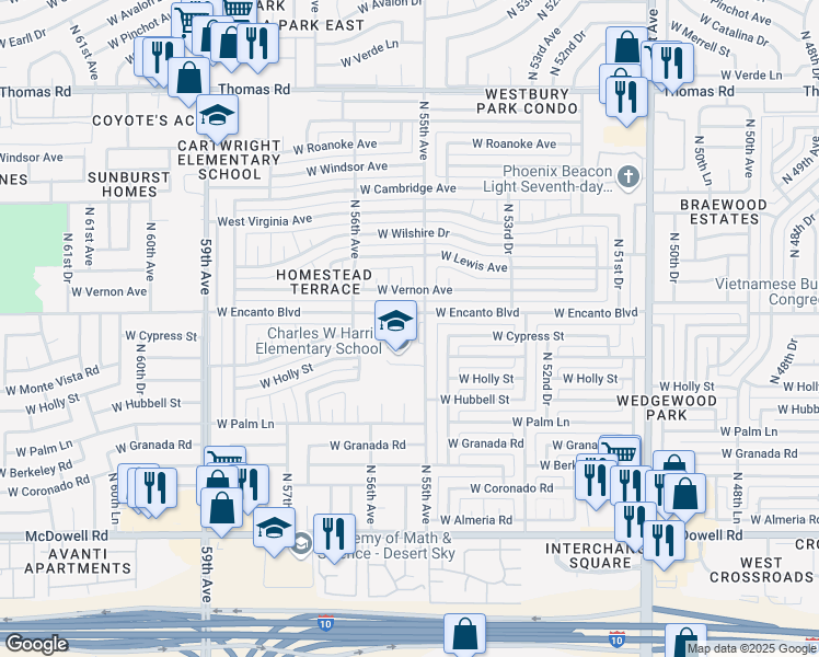 map of restaurants, bars, coffee shops, grocery stores, and more near 2252 North 55th Avenue in Phoenix