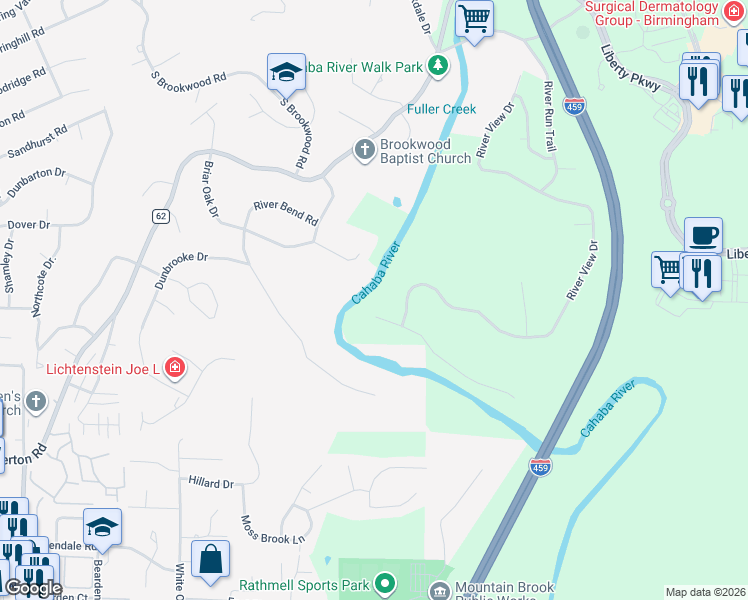 map of restaurants, bars, coffee shops, grocery stores, and more near 4101 Riverview Cove in Vestavia Hills