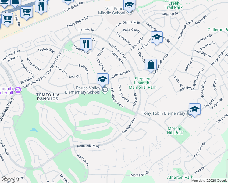 map of restaurants, bars, coffee shops, grocery stores, and more near 44842 Tehachapi Pass in Temecula