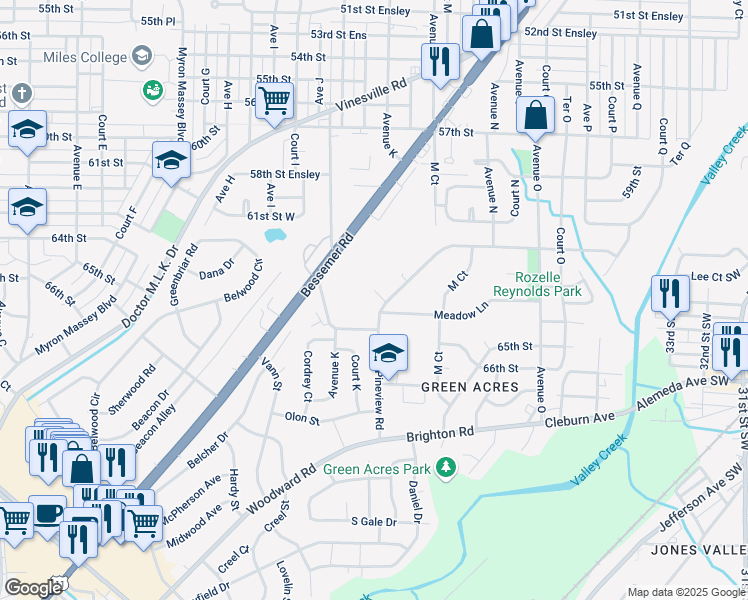 map of restaurants, bars, coffee shops, grocery stores, and more near 1171 Bessemer Road in Birmingham