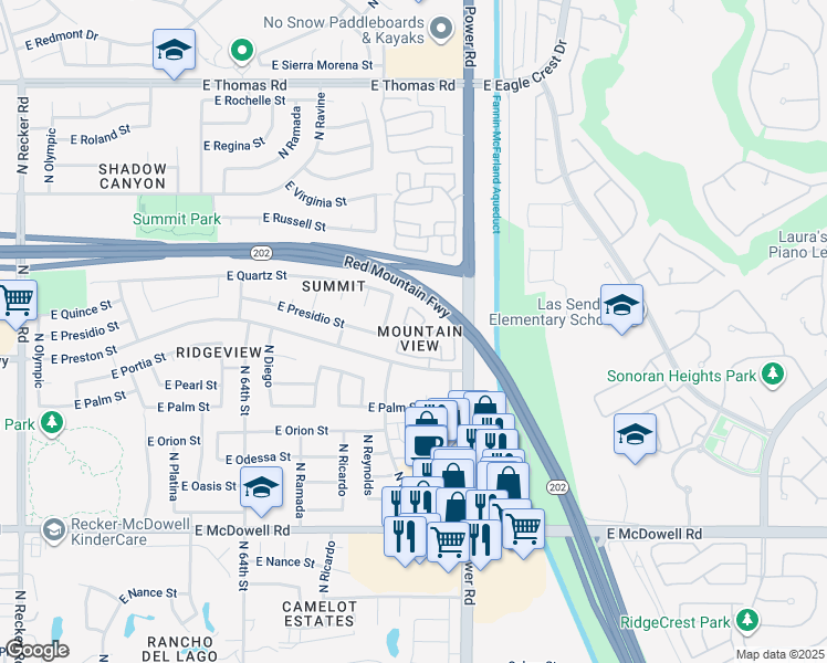 map of restaurants, bars, coffee shops, grocery stores, and more near 6730 East Preston Street in Mesa