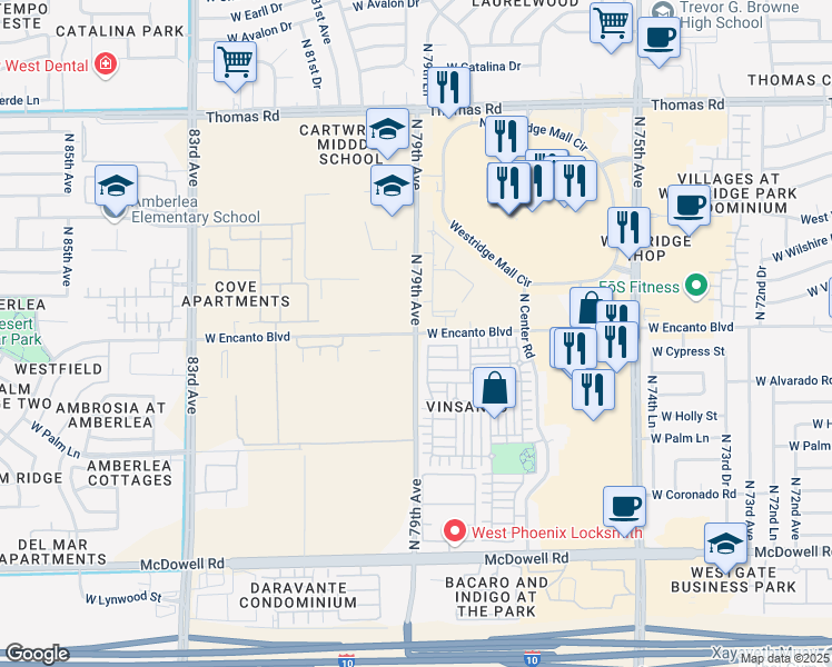 map of restaurants, bars, coffee shops, grocery stores, and more near N 79th Ave & W Encanto Blvd in Phoenix