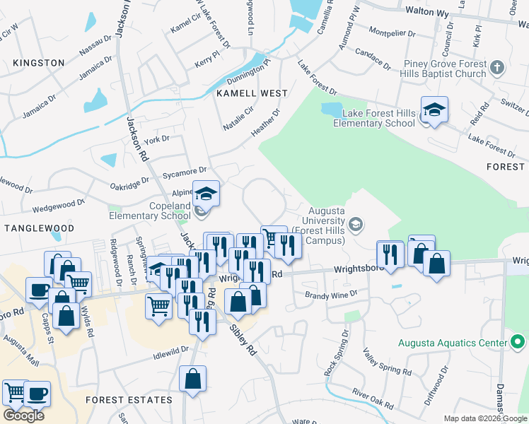 map of restaurants, bars, coffee shops, grocery stores, and more near 257 Fox Trace in Augusta