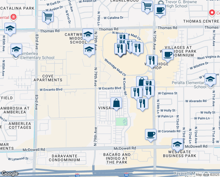 map of restaurants, bars, coffee shops, grocery stores, and more near 7782 West Pipestone Place in Phoenix