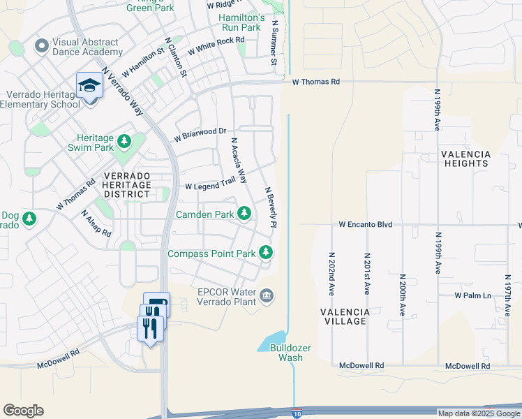 map of restaurants, bars, coffee shops, grocery stores, and more near 2323 North Acacia Way in Buckeye