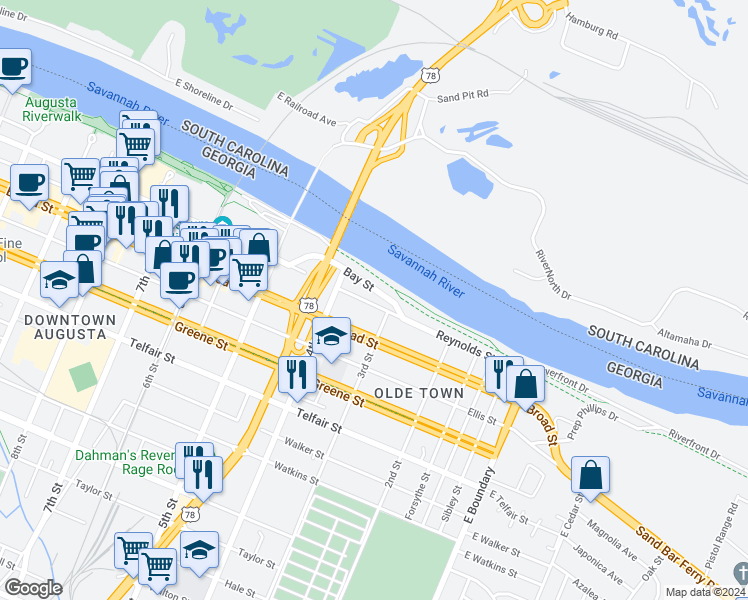 map of restaurants, bars, coffee shops, grocery stores, and more near 338 Bay Street in Augusta