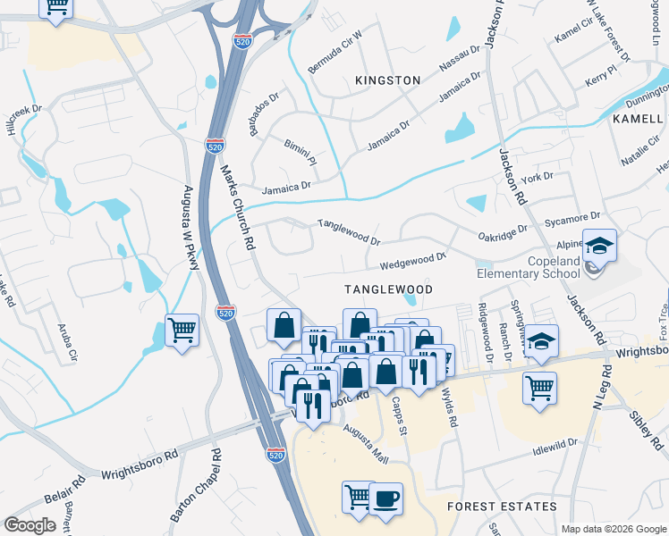map of restaurants, bars, coffee shops, grocery stores, and more near 1350 Marks Church Road in Augusta
