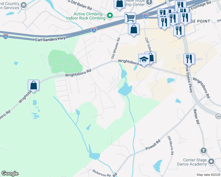 map of restaurants, bars, coffee shops, grocery stores, and more near 745 Leela Court in Grovetown