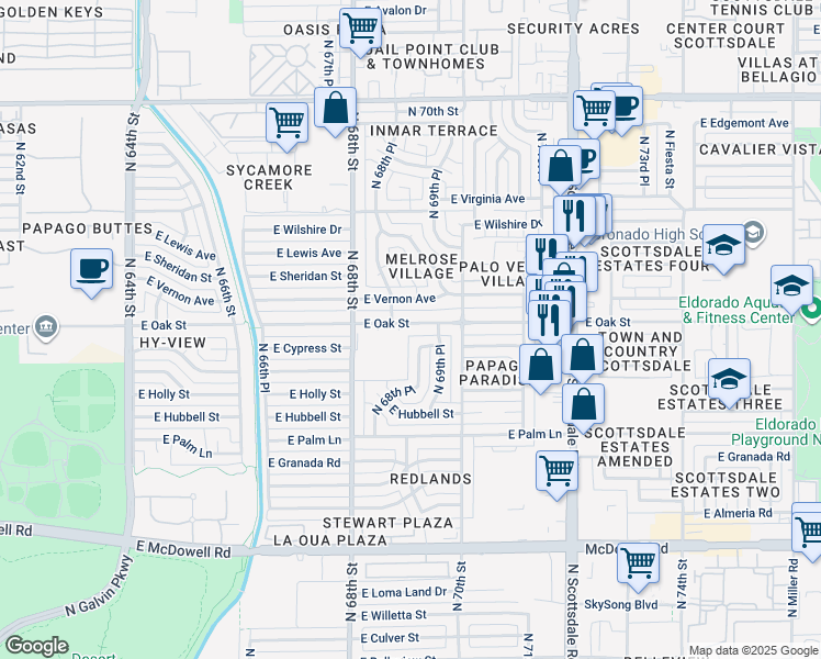 map of restaurants, bars, coffee shops, grocery stores, and more near 6901 East Oak Street in Scottsdale