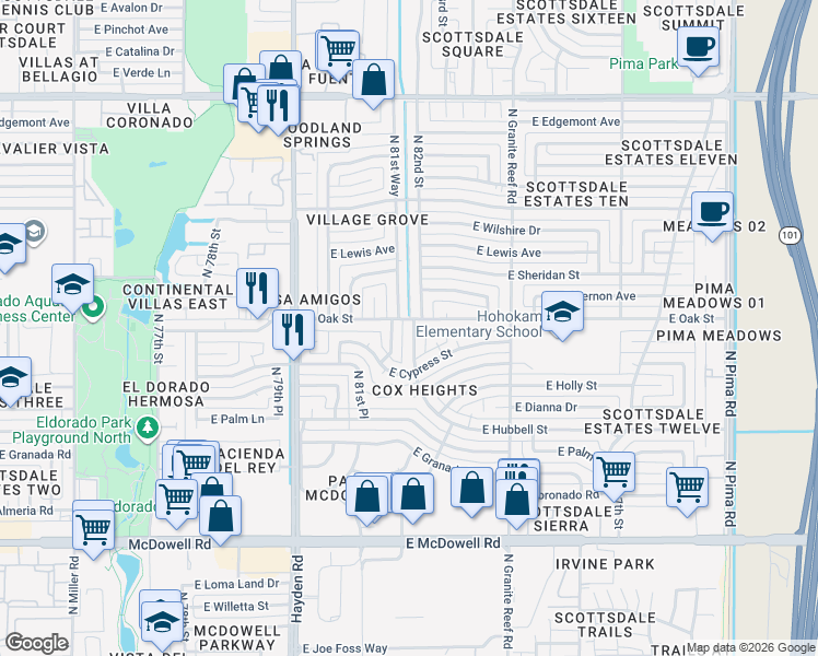 map of restaurants, bars, coffee shops, grocery stores, and more near 2230 North 82nd Street in Scottsdale