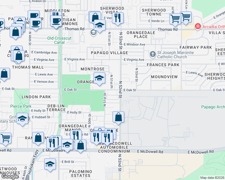 map of restaurants, bars, coffee shops, grocery stores, and more near 5117 East Oak Street in Phoenix