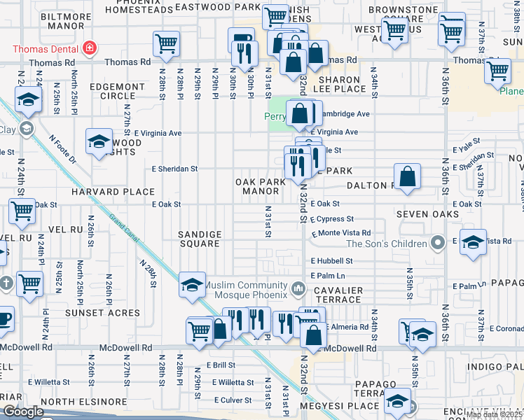 map of restaurants, bars, coffee shops, grocery stores, and more near 3040 East Cypress Street in Phoenix