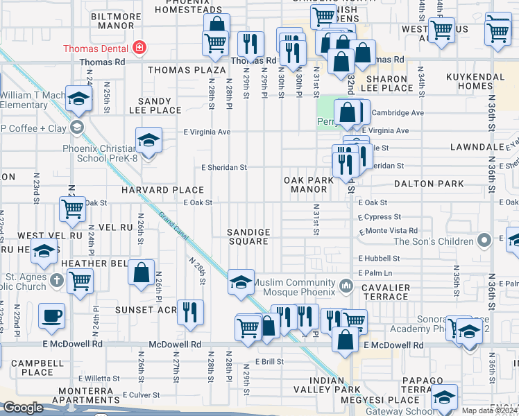 map of restaurants, bars, coffee shops, grocery stores, and more near 2232 North 29th Place in Phoenix