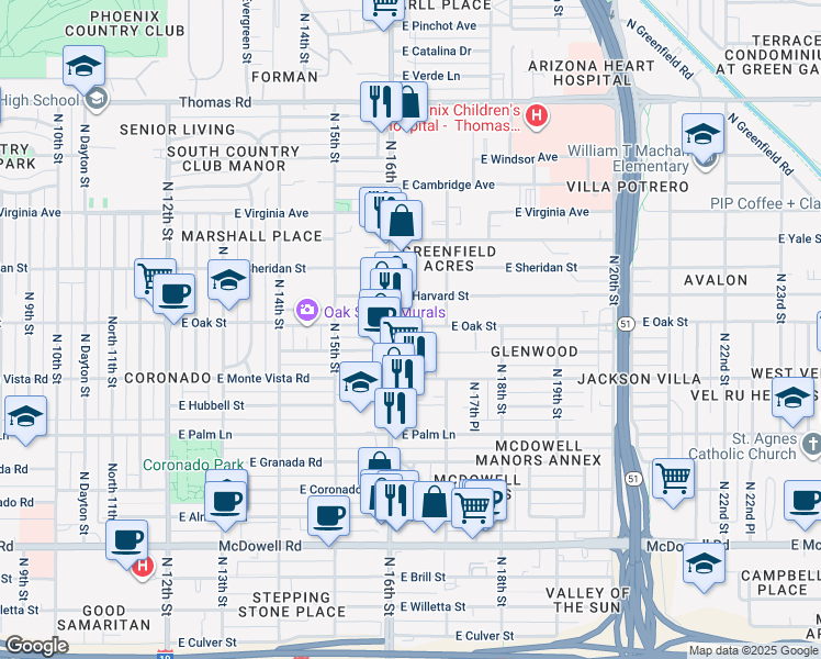 map of restaurants, bars, coffee shops, grocery stores, and more near in Phoenix
