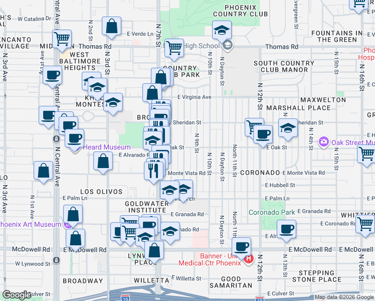 map of restaurants, bars, coffee shops, grocery stores, and more near 2238 North 9th Street in Phoenix