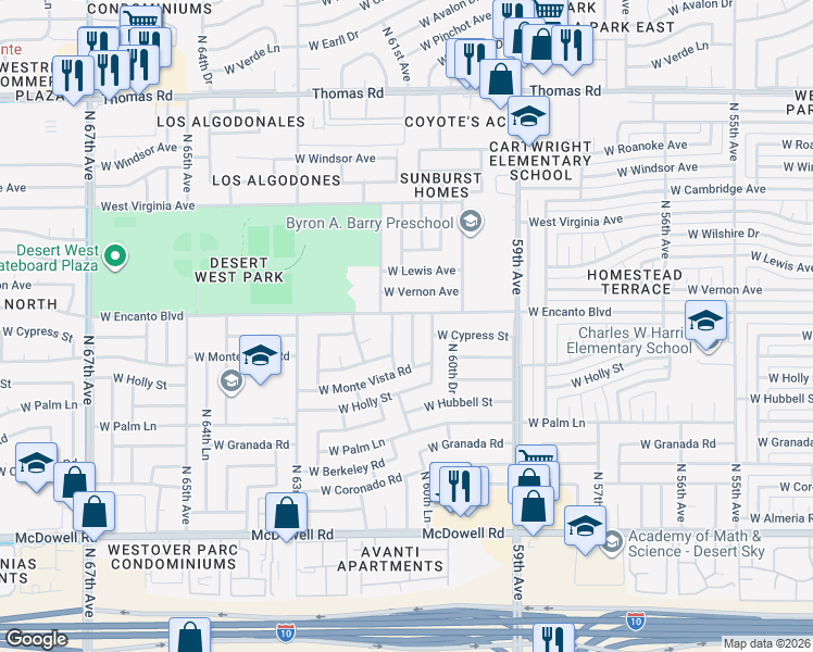 map of restaurants, bars, coffee shops, grocery stores, and more near 2233 North 61st Drive in Phoenix