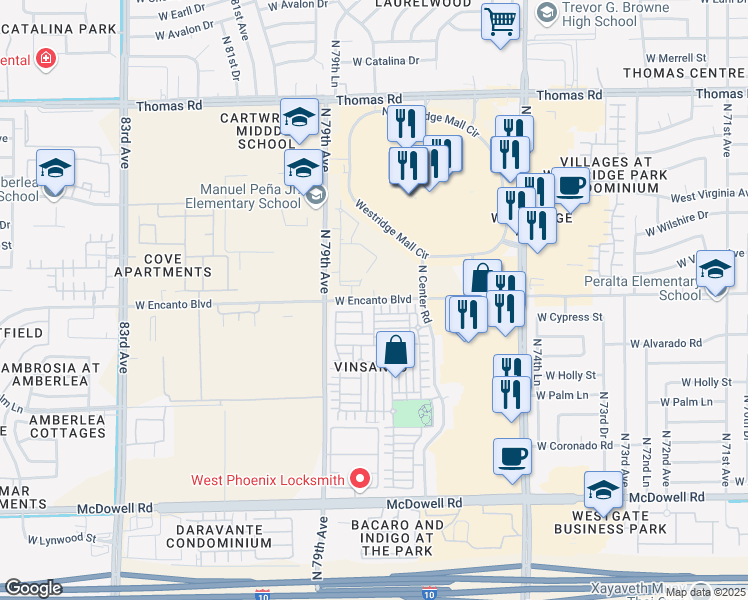 map of restaurants, bars, coffee shops, grocery stores, and more near 7782 West Pipestone Place in Phoenix