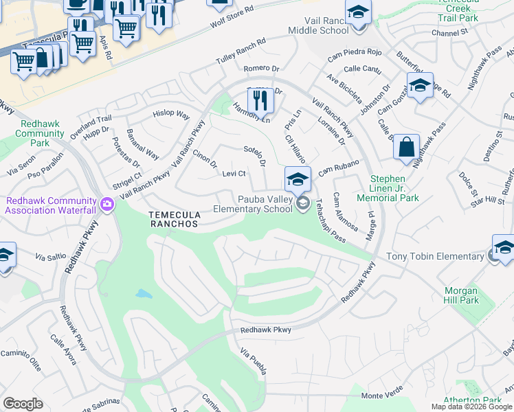 map of restaurants, bars, coffee shops, grocery stores, and more near 33004 Regina Drive in Temecula
